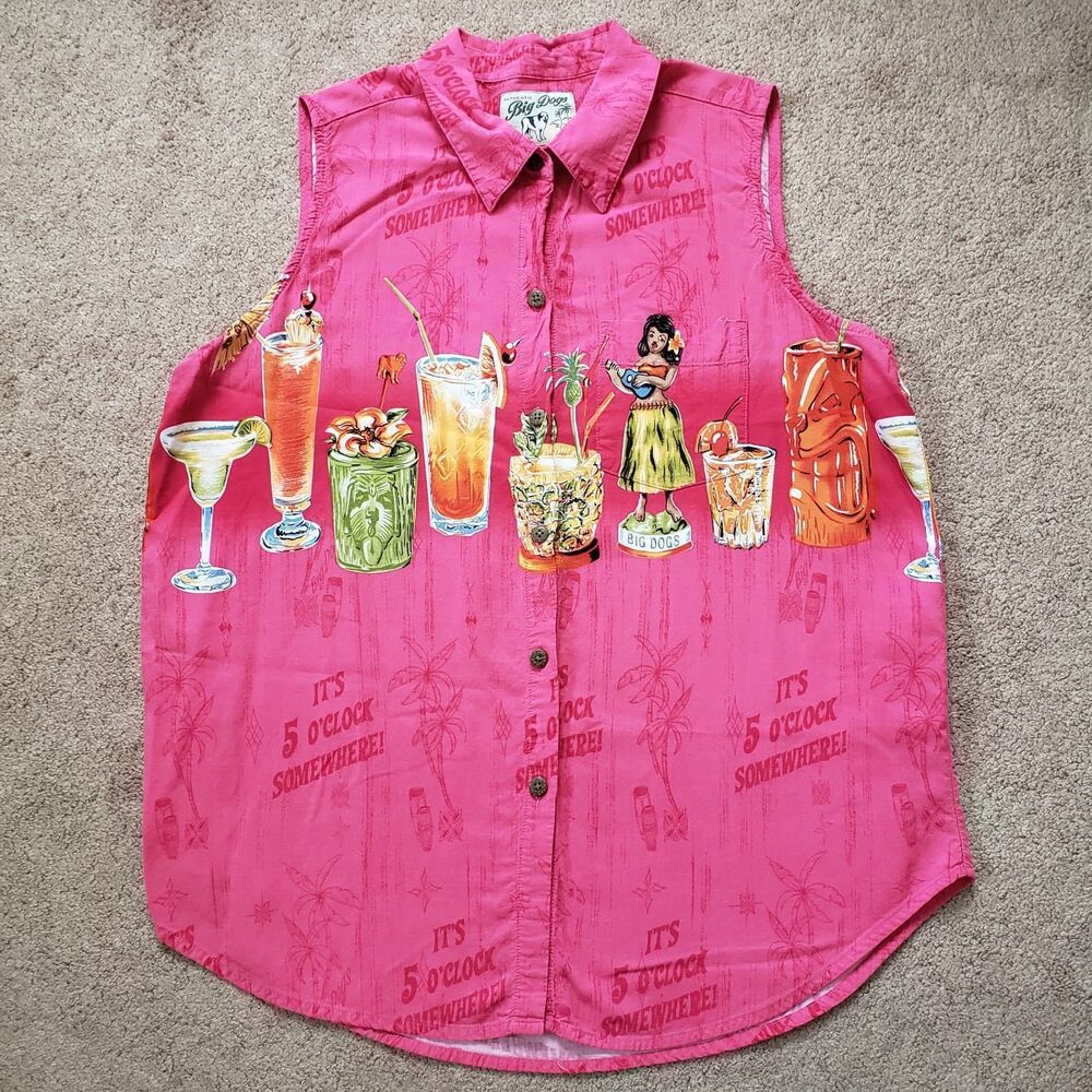 Big Dogs Vtg 90s Sleeveless Top Vibrant Pink Tropical Cocktail Hawaiian Print L